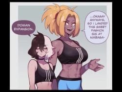 2girls abs animated black_hair blonde_hair breast_envy breast_expansion breast_size_difference breasts dark-skinned_female dark_skin english_voice_acting female jules_jagger_(nyantcha) kegato light-skinned_female light_skin medium_support_(meme) meme mp4 original_character original_characters rinkegato short_hair slideshow sound tagme thiccwithaq video voice_acted yorra_villeneuve