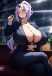 ai_due ai_generated athletic_female bare_legs big_woman bigger_female blush gigantic_breasts horn horns huge_breasts huge_thighs light-skinned_female light_skin looking_at_viewer massive_breasts office_lady oni oni_female oni_horns ponytail purple_eyes purple_hair shion_(tensei_shitara_slime_datta_ken) solo_female squatting sweat sweatdrop tensei_shitara_slime_datta_ken thick_body thick_female thick_thighs thighs voluptuous voluptuous_female