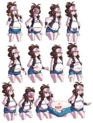 axel-rosered bloated_belly brown_hair chubby chubby_female fat food game_freak hilda_(pokemon) human human_only light-skinned_female light_skin lowres nintendo pokemon pokemon_bw pokemon_trainer ponytail pudgy_belly shorts source_request white_background