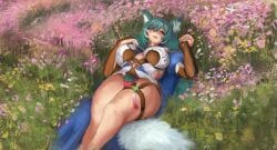 1female alternate_version_at_source background big_breasts blush blushing_at_viewer bushy_pubes female female_focus female_only fox_ears fox_girl fox_tail green_hair hand_on_breast happy honkai:_star_rail large_breasts laying_down laying_on_back legs_together long_hair looking_at_viewer looking_pleasured panties partially_clothed post_meridiem pubic_hair purple_eyes red_panties slit_pupils tagme thick_thighs white_fur yukong_(honkai:_star_rail)