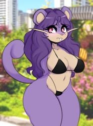 1girls 2024 anthro anthro_only anthrofied bikini black_bikini blush blushing breasts buckteeth female furry furry_only hands_behind_back iamkat95 long_hair medium_breasts pokeharlot pokemon pokemon_(species) purple_hair purple_skin rat rattata red_eyes shy solo tagme tail thick_thighs