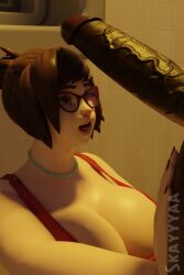 1boy 1girls 3d 3d_(artwork) big_breasts big_penis blender brown_hair cock_over_eyes dark-skinned_male dress faceless_male glasses hetero huge_breasts huge_cock interracial large_breasts large_penis light-skinned_female mei_(overwatch) open_mouth overwatch overwatch_2 skayyyaa straight tongue tongue_out