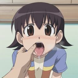 ai_generated aizumanga azumanga_daiou blush finger_in_mouth hand_on_mouth mouth_play mouth_pull saliva tomo_takino