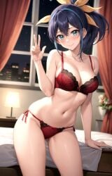 ai_generated bed bedroom blue_hair blush celina cyan_eyes d_rikazangetsu female hi_res navel ponytail pose purple_hair ribbon serena_(yu-gi-oh!_arc-v) smile solo stomach underwear yu-gi-oh! yu-gi-oh!_arc-v