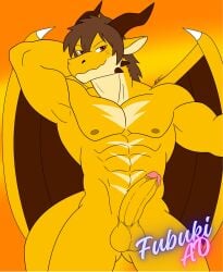 anthro black_clothing black_thong black_underwear brown_hair brown_horn bulge clothing dragon european_mythology hair hi_res horn kent_izumi male muscular muscular_male mythological_creature mythological_scalie mythology pecs red_eyes scalie solo thong underwear western_dragon wings wolfe_fubuki yellow_body