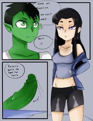 2d alien alien_girl alien_look_like_human beast_boy big_penis black_hair blackfire clothed clothing dc dc_comics female green_eyes green_skin hetero inuyuru komand'r light-skinned_female light_skin male penis purple_eyes shorts teen_titans