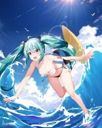 1girls acn arms artist_name artist_signature belly_button bikini birds blue_eyes blue_hair blush blushing blushing_female breasts convenient_censoring eyebrows eyebrows_visible_through_hair eyewear falling feets female female_only hairs hands hatsune_miku hips legs neck scared sea small_breasts solo solo_female sun sun_glare sunlight twintails vocaloid wardrobe_malfunction water water_censor white_skin