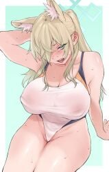 2024 animal_humanoid big_breasts blonde_hair blue_archive blue_eyes blush bodily_fluids breasts eyebrows female hair hi_res humanoid kanna_(blue_archive) kouya_toufu koyatofu3 nipple_outline open_mouth pubes raised_inner_eyebrows shiny_skin simple_background solo sweat thighs thighs_together wedgie