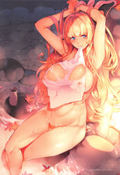 aqua_eyes armpits arms_up bangs blonde_hair blue_eyes blush bottle braids breasts closed_mouth comic_exe eyebrows eyebrows_visible_through_hair female french_braid from_above highres large_breasts leaf legs legs_crossed long_hair looking_at_viewer maple_leaf mole mole_under_mouth mound_of_venus mouth_hold naked_towel nanao_(mahaya) navel nude onsen original outdoors pubic_hair rock sake sake_bottle see-through shiny shiny_hair sitting smile soaking_feet solo steam thighs towel tray very_long_hair water wet wet_towel white_towel