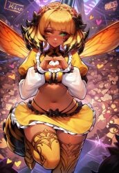 ai_generated crop_top crowd final_fantasy_xiv heart_hands heterochromia honey_b._lovely midriff skirt stage tail thighhighs