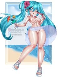 1girls aqua_eyes aqua_hair beach beastars black_eyebrows blue_eyes blue_hair blush blush blush_lines blushing_female breasts cute cute_face drinks hair_ornament hatsune_miku pink_nipples shiny shiny_breasts shiny_hair shiny_skin summer tits_out topless topless_female twintails vocaloid