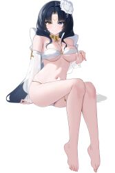 1girls absurdres azur_lane bare_shoulders barefoot bikini black_hair blue_eyes breasts closed_mouth detached_sleeves facial_mark female flower forehead_mark hair_flower hair_ornament heterochromia highres large_breasts light-skinned_female light_blush light_skin long_hair looking_at_viewer navel official_alternate_costume parted_bangs roma_(azur_lane) roma_(vacation_upon_the_tiber)_(azur_lane) sardegna_empire_(azur_lane) see-through see-through_sleeves simple_background sitting solo stomach swimsuit thigh_strap toes very_long_hair white_background white_bikini white_flower white_sleeves yellow_eyes zerotwenty_(020)