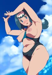 1girls armpits arms_up artist_request ass bare_shoulders bekei belly big_ass big_breasts blue_background blue_eyes blue_hair blush breasts_out clouds day female_only human human_only lana's_mother_(pokemon) long_hair looking_at_viewer looking_down midriff milf mob_face mother navel nintendo ocean open_mouth outdoors pokemon pokemon_sm ponytail revealing_clothes sky solo standing swimsuit tongue water wide_hips