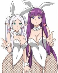 2girls bunny_ears bunnysuit elf_ears elf_female female female_only fern_(sousou_no_frieren) fishnet_stockings frieren frieren_beyond_journey's_end hfxpins human multiple_girls purple_hair sousou_no_frieren white_hair