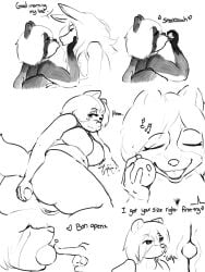 2022 anthro anus ass ball_in_mouth belly big_butt breasts canid canine dialogue duo female female_pred fox full_tour genitals hair heart_symbol hi_res humming husband_and_wife inanimate_transformation kissing larger_male long_hair looking_at_another lucky_(artist) male male/female male_prey mammal married_couple monochrome neck_bulge nude object_in_mouth object_vore oral_vore pussy raccoon_dog raised_tail safe_vore short_stack size_difference smile sound_effects sphere swallowing tail tanuki transformation vore wide_hips