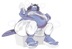 anthro belly big_belly bodily_fluids bulge dessert felid feline food hi_res ice_cream low-angle_view male mammal moobs solo submarine_screw sweat