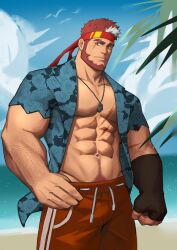 1boy abs bara beach beard biceps clothing kunkun586586 male male_nipples male_only male_pubic_hair manly muscular_male nipples pecs ryuugen_drake scar