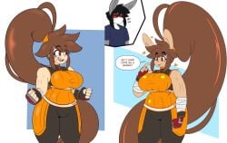 1girls 2022 absurd_res alternate_species anthro bandage big_breasts black_hair blue_clothing blue_shirt blue_topwear blush bodily_fluids breasts brown_body brown_eyes brown_fur brown_hair bunny carrots_(dewwydartz) clothed clothing dewwydarts dewwydartz dialogue dnf_duel dungeon_and_fighter dungeon_fighter_(franchise) dungeon_fighter_online duo eddie_(dewwydarts) english_text female fingerless_gloves fully_clothed fur gloves grey_body grey_fur hair handwear heart_symbol hi_res hips human humanoid lagomorph large_breasts leporid long_hair male mammal multicolored_body multicolored_fur muscular muscular_anthro muscular_female nodding open_mouth orange_clothing ponytail rabbit red_clothing red_eyes red_gloves red_handwear shirt simple_background simple_eyes solo speech_bubble standing striker_(dnf_duel) striker_(dungeon_and_fighter) sweat tagme text thick thick_thighs thighs topwear two_tone_body two_tone_fur white_body white_fur wide_hips