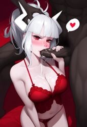 ai_generated cum_on_breasts dark-skinned_male helltaker light-skinned_female lucifer_(helltaker) red_lingerie sucking_penis