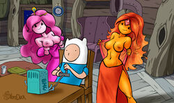 2girls adventure_time bmo breasts cartoon_network clock clothing computer couch crown electronics elemental female finn_the_human fire_elemental flame_princess flashing game_console game_controller gem hornduck human jewelry male naked nipples pale_skin pink_hair pink_skin princess_bubblegum smile topless