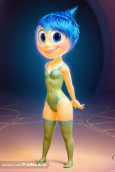 1girls ai_generated arms_behind_back blue_eyes blue_hair breasts disney full_body green_thighhighs hi_res inside_out inside_out_2 joy_(inside_out) leotard lips looking_at_viewer pixar progenarts short_hair small_breasts smile solo standing thighhighs web_address