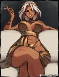 1girls aphrodite aphrodite_(fortnite) bikini dark-skinned_female dark_skin fortnite fortnite:_battle_royale gold_bikini gold_clothing gold_panties golden_bikini golden_clothing holding_cigarette looking_at_viewer magaska19 sitting solo_female white_hair