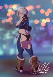 angel_(kof) big_ass big_butt black_panties blue_eyes boots danhilo fat_ass gloves grabbing_hair king_of_fighters leather light lights rain raining short_hair smile_at_viewer thick white_hair