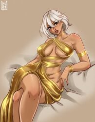 1girls aphrodite aphrodite_(fortnite) bikini dark-skinned_female dark_skin fortnite fortnite:_battle_royale gold_bikini gold_clothing gold_panties golden_bikini golden_clothing holding_cigarette looking_at_viewer sitting solo_female tyrana white_hair