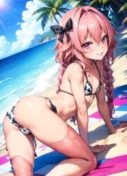 1boy ai_generated ai_hands ass ass_focus ass_up astolfo_(fate) beach blush bulge bulge_through_clothing cow_print cow_print_bikini fate_(series) femboy holly4i otoko_no_ko pink_hair shiny_skin skinny solo solo_femboy solo_focus solo_male suggestive_look sunlight tight_clothing