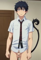 1boy ai_generated ao_no_exorcist black_hair hatopo005 looking_at_viewer penis rin_okumura yaoi