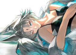 animal_ears black_bra blue_eyes bra feixiao_(honkai:_star_rail) forehead_jewel fox_ears fox_girl grey_fur grey_hair honkai:_star_rail hoyoverse long_hair one_eye_closed underwear winking_at_viewer