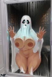 1girls 3d against_glass ai_generated belly black_sclera blue_eyes blush bom39 female glowing_pupils hips large_breasts legs_together looking_at_viewer milf_body mostly_nude nipples nude pressed_on_glass sheet_ghost solo solo_female spooky_sheety thick_thighs vagina white_cloak