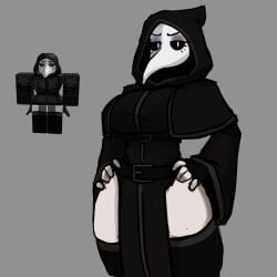 belt breasts busty digital_media_(artwork) dress female genericmerc gloves hand_on_hip hood long_sleeves makeup minstlu mostly_clothed original_character plague_doctor plague_doctor_mask reference_image roblox stockings thick_thighs thighs wide_hips