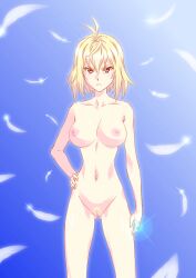 ahoge arm_at_side blonde_hair blue_background breasts clitoral_hood collarbone commentary_request completely_nude cross_ange feathers female female_pubic_hair glaring hair_between_eyes hand_on_own_hip jewelry large_breasts light_areolae looking_at_viewer navel nipple_indents nipples non-ai non-ai_generated non-generated_ai nude outdoors pubic_hair pussy red_eyes ring short_hair simple_background stomach straight-on sunlight taka-michi thighs