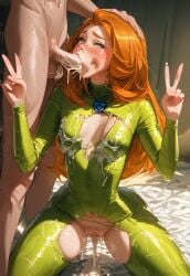 ai_generated big_thighs bodysuit crying cum cum_on_face deepthroat fluids red_hair rolling_eyes sam_(totally_spies) small_breasts sucking totally_spies wasp_waist