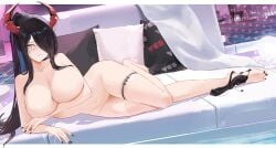 1girls absurdres arm_under_breasts azur_lane black_hair black_nails black_panties blush breasts cleavage collarbone completely_nude covering_breasts covering_privates elbow_rest female friedrich_der_grosse_(azur_lane) friedrich_der_grosse_(one_summer_night's_intimacy)_(azur_lane) hair_over_one_eye high_ponytail highres horns iron_blood_(azur_lane) large_breasts letterboxed light-skinned_female light_skin long_hair looking_at_viewer lying mechanical_horns nail_polish navel nude on_side panties pillow ponytail red_horns solo suo_bu_ye_feng thigh_strap toenail_polish toenails underwear unworn_panties water yellow_eyes yes-no_pillow