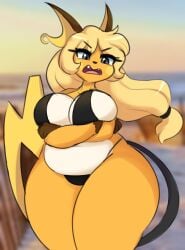 1girls 2024 angry anthro anthro_only anthrofied arm_under_breasts big_breasts bikini black_bikini black_eyes blonde_hair breasts chubby chubby_female crossed_arms female furry furry_only iamkat95 long_hair mouse open_mouth orange_skin pokeharlot pokemon pokemon_(species) raichu solo tagme tail thick_thighs yellow_hair