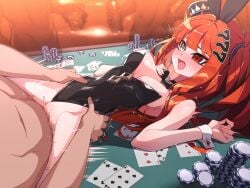 1girls 4boys background_characters blush breasts cards casino censored daiya_fortuna duo_focus hair_ornament hat heart-shaped_pupil heterochromia huge_breasts indoors kamachimi light-skinned_female light-skinned_male light_skin nose_blush orange_hair penetration penis pixellink playing_cards poker_cards poker_chips poker_table public red_eye sex symbol-shaped_pupil top_hat vaginal_penetration virtual_youtuber yellow_eye