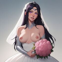 ai_generated bouquet breasts breasts_exposed breasts_out eye_contact irelia_xan league_of_legends procrastrinatingprojects tagme wedding_dress