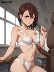 1boy1girl ai_generated ainoob17 angry angry_face ayase_momo bra brown_eyes brown_hair dandadan dark-skinned_male earrings female navel penis stable_diffusion tagme underwear white_bra white_panties