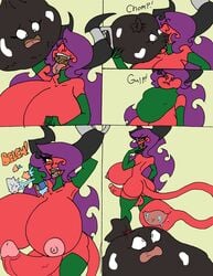 big_breasts big_penis breasts burping da-fuze demon dickgirl eating_trash erection female garbage garbage_bag hair hi_res huge_breasts humanoid intersex nipples open_mouth penis purple_hair red_skin saliva simple_background transformation trash trash_bag vore