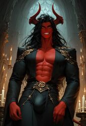 ai_generated black_hair bulge demon devilworship horns male male_only muscular red_body red_skin smile