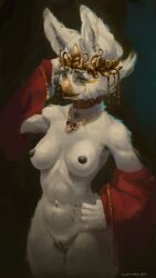 absurd_res anthro areola avian beak biped breasts crown digital_media_(artwork) digital_painting_(artwork) female fur genitals gryphon hand_on_head hand_on_hip headgear hi_res jewelry looking_at_viewer mostly_nude mythological_avian mythological_creature mythology navel necklace nipples non-mammal_breasts pussy solo wobishk