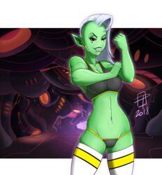 2018 alien alien_girl asymmetrical_hair breasts callmepo cameltoe cleavage clothed cowboy_shot dated detailed_background disney evil_grin eyelashes female female_only flexing freckles front_view green_skin large_breasts long_hair lord_dominator navel panties pink_sclera pointy_ears runny_makeup sharp_teeth signature smile solo sports_bra standing thighhighs wander_over_yonder white_hair