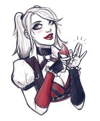 1boy 1girls batman:_arkham_knight batman_(series) big_breasts collar dc dc_comics devil_hs harley_quinn harley_quinn_(arkham) harley_quinn_(arkham_knight) hi_res high_resolution highres penetration_gesture sex_gesture suggestive_gesture thin_waist twintails