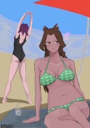 2girls absurd_res artist_name ass ass_focus beach belly belly_button big_ass big_breasts bikini blue_sky breasts brown_eyes brown_hair cat_ears catgirl color dawn_patrol diana_(dawn_patrol) heart light-skinned_female light_skin long_hair one-piece_swimsuit pattern_clothing rika_(dawn_patrol) rimarybruhman short_hair stretching swimsuit thick_thighs towel umbrella