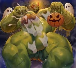 abs balls bara biceps big_balls big_penis dsharp_k erection green-skinned_male green_body green_skin halloween holidays male male_nipples male_only manly muscular_male nipples nude orc orc_male pecs penis teeth teeth_visible tusks