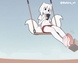 6ahiru animated animation cbt clothed_female erection feet fei_ren_zai fei_ren_zai_(non_human) female femdom foot_fetish foot_focus footjob fox_ears fox_girl fox_tail holding_phone ignoring jiuyue kicking loop looping_animation no_penetration penis penis_out sitting swing tagme video white_hair