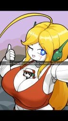 1boy 1boy1girl 1girl android_girl antenae big_boobs big_breasts black_tank_top blonde_hair blue_eyes cave_story curly_brace cute disinterested english_text giantess green_skin micro micro_in_cleavage quote_(cave_story) red_gloves red_hat red_pantsu red_tank_top robot robot_antenna robot_boy selfie stuck_in_body tagme tank_top text thumbs_up white winking winking_at_viewer zedrin