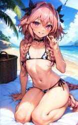 ai_generated astolfo_(fate) beach braid cow_print cow_print_bikini detailed_background fate_(series) femboy highres holly4i kneeling lace midriff otoko_no_ko pink_hair purple_eyes shiny_skin smile